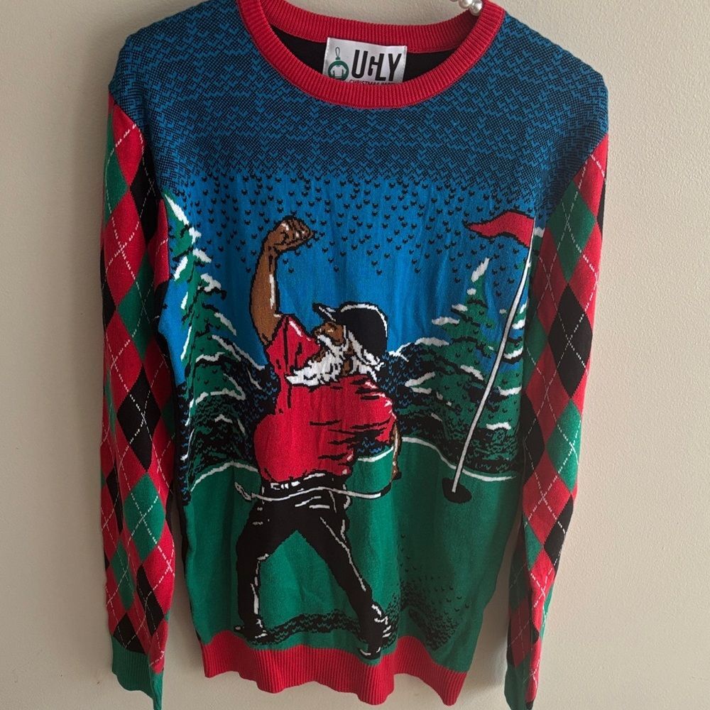 Ugly Christmas sweater Unisex Golfing Santa funny Size medium Christmas party